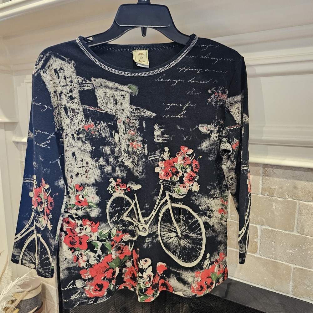 Jess & Jane Black Floral Bicycle Top Size Medium Black And Red